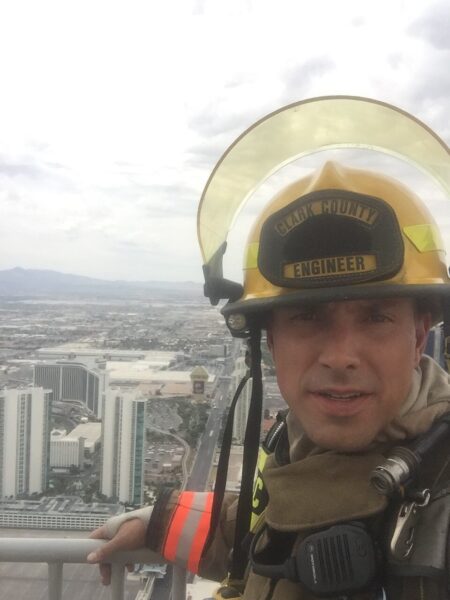 Andrew Padilla in firefighting gear in Las Vegas.