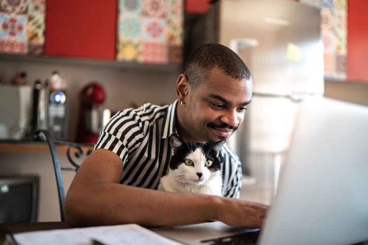 Prospective student writing a personal statement for graduate school with a cat